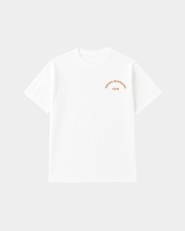 Wit bamboe T-shirt van Glint Antwerp met oranje Always Travelling Club-borduursel op de borst, unisex