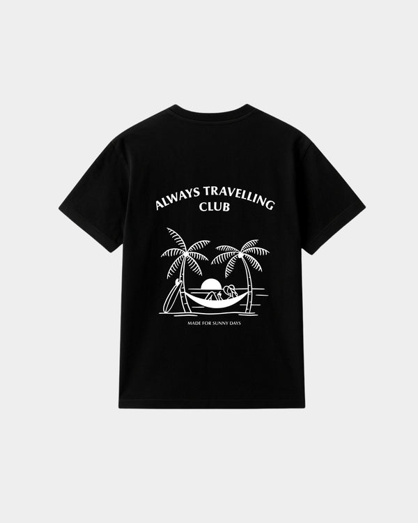 Zwart bamboe T-shirt Hammock van Glint Antwerp met witte Always Travelling Club-print op de rug, unisex